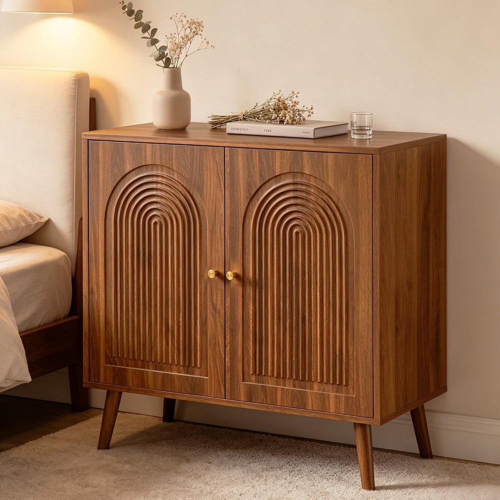 31.5" Accent Storage Cabinet, Arched Fluted 2-Door Sideboard (Walnut)