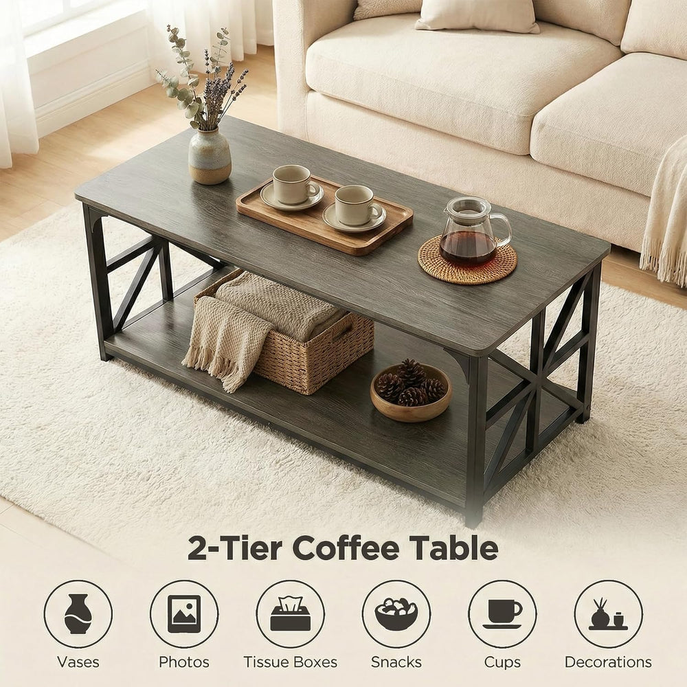GOFLAME 2-Tier Rectangular Coffee Table, Modern Center Table with Wooden Top,...