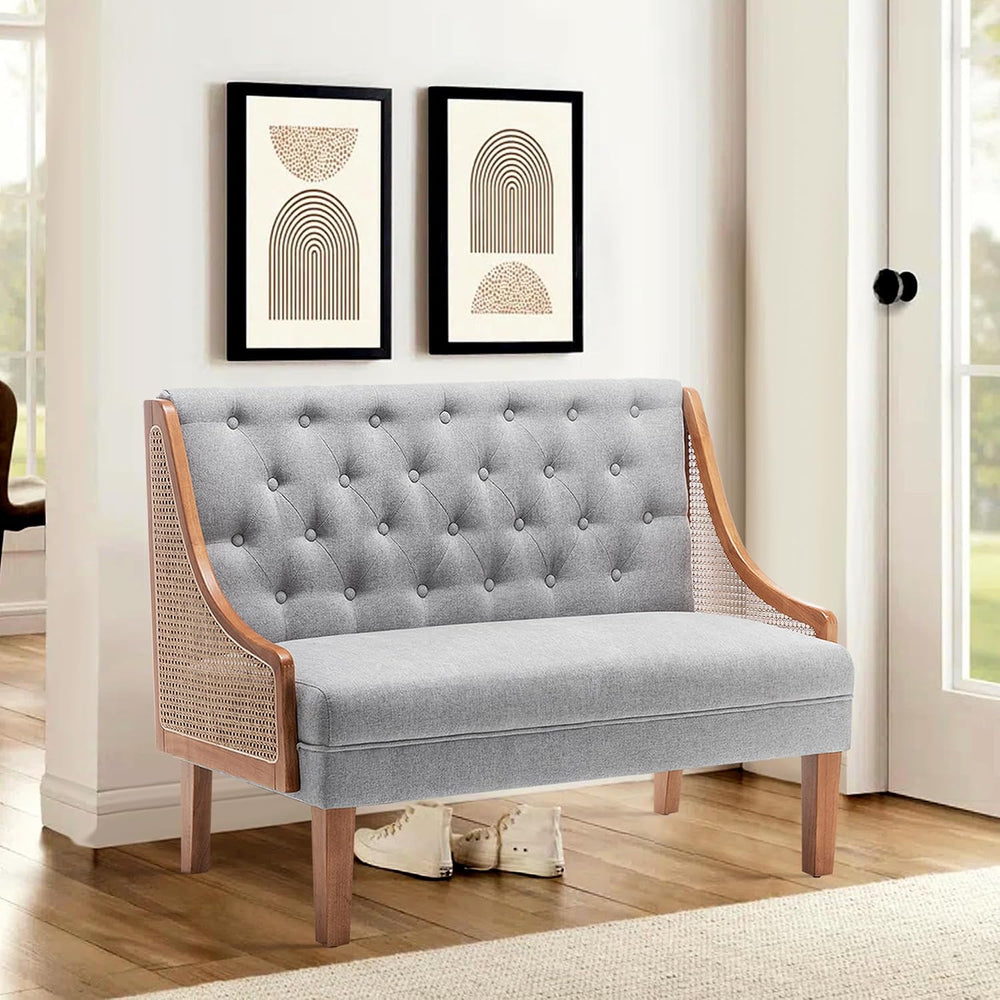 Upholstered Settee Bench Small Loveseat Sofa Rattan Dining Bench with Back Ba...