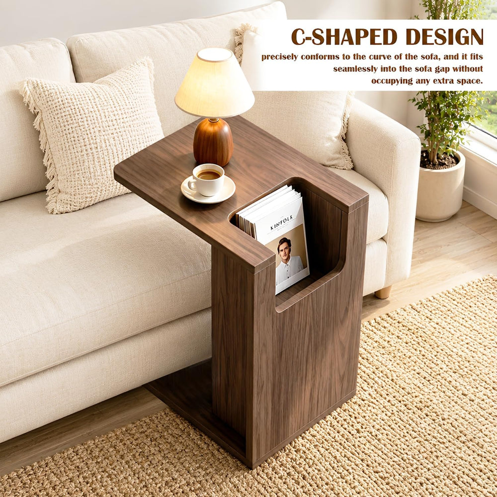 Modern C Shaped End Table for Couch,Walnut Solid Wood Nightstand,Slide Under ...