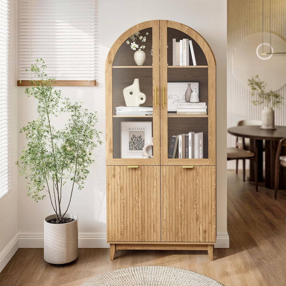 Fkhouse 71" Tall Arched Pantry Cabinet, Kitchen Pantry with Glass Doors ...