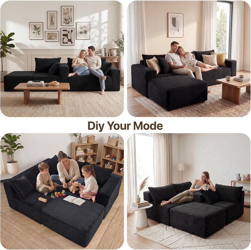 Claiks 94" Couch, L-Shape Corduroy Sectional Sofa, Black | Flexible Modu...