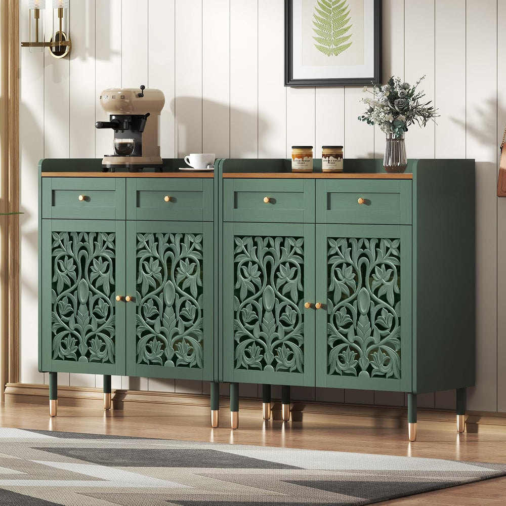 3More 2 Door Retro Carving Sideboard Buffet Cabinet with 1 Drawer, Green