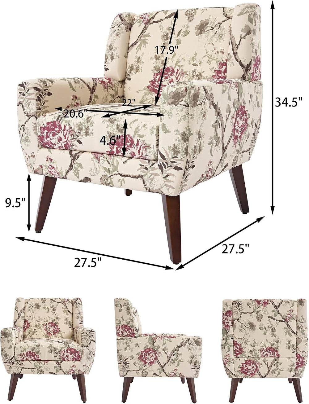 Accent Chair Set of 1, Comfy Reading Armchair, Pattern Floral