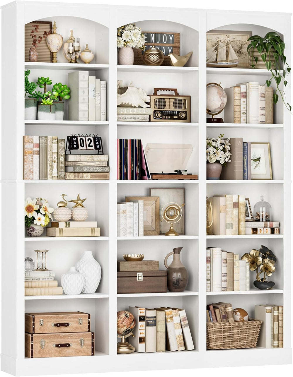 FACBOTALL 71" Triple Wide Bookshelf, 6 Tier Large Arch White Bookshelf