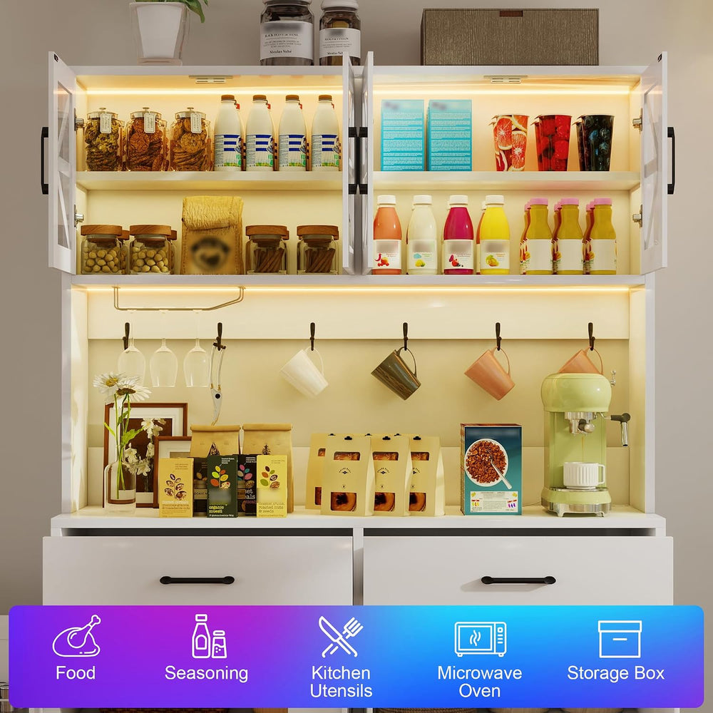 MUUEGM 71''Tall Kitchen Hutch with LED Lights & Power Outlet, Woo...