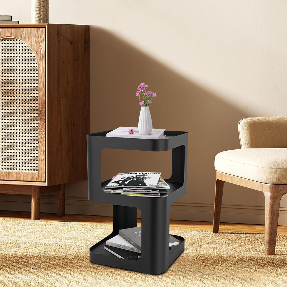 3 Tier Side Table, Black Carbon Steel End Table, Freestanding Modern Bedside ...