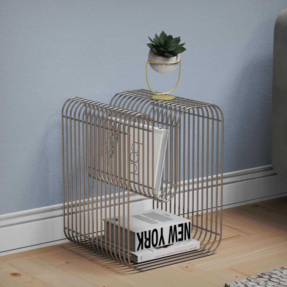 N-Shape Retro Side Table, Accent Bedside Table for Living Room, Stainless Ste...