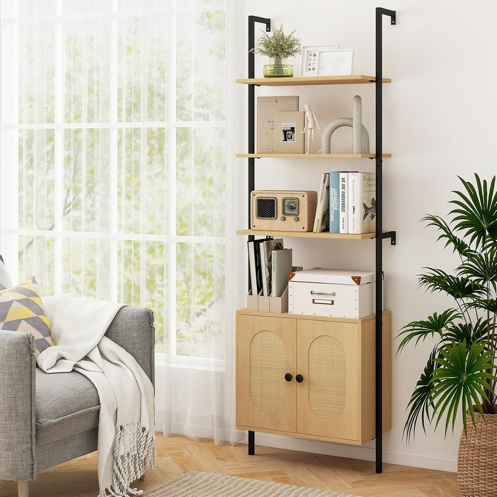 GIANTEX 72.5" Ladder Bookshelf with Cabinet, 6-Tier Tall Wall Mounted Bo...