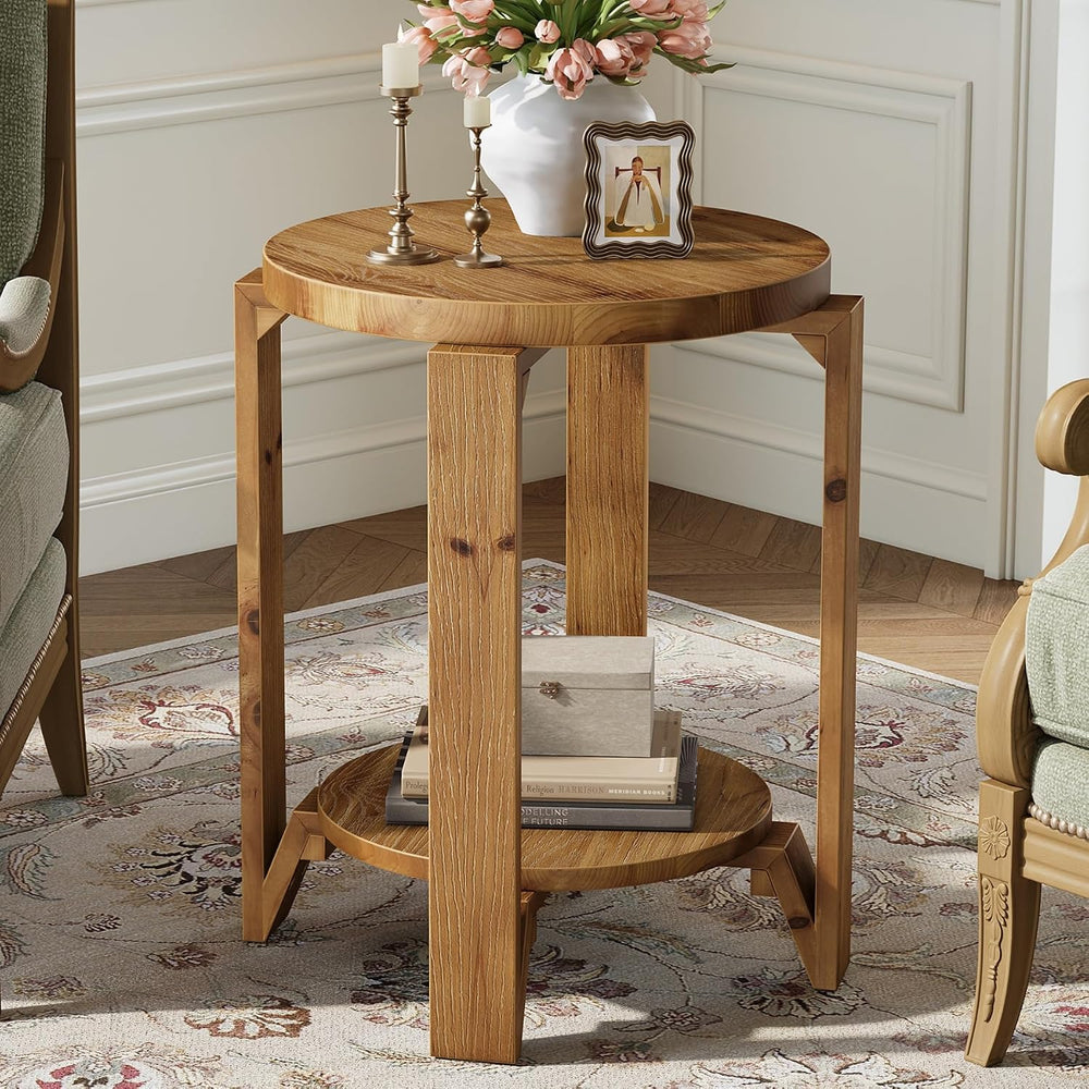 Solid Wood End Table, 2-Tier Round Wood Side Table for Living Room, Farmhouse...