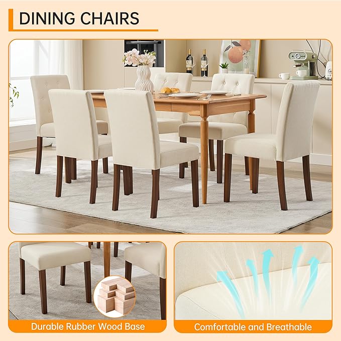 Upholstered Dining Chairs Set of 6, Button Tufted Parsons Chairs with Wood Le...