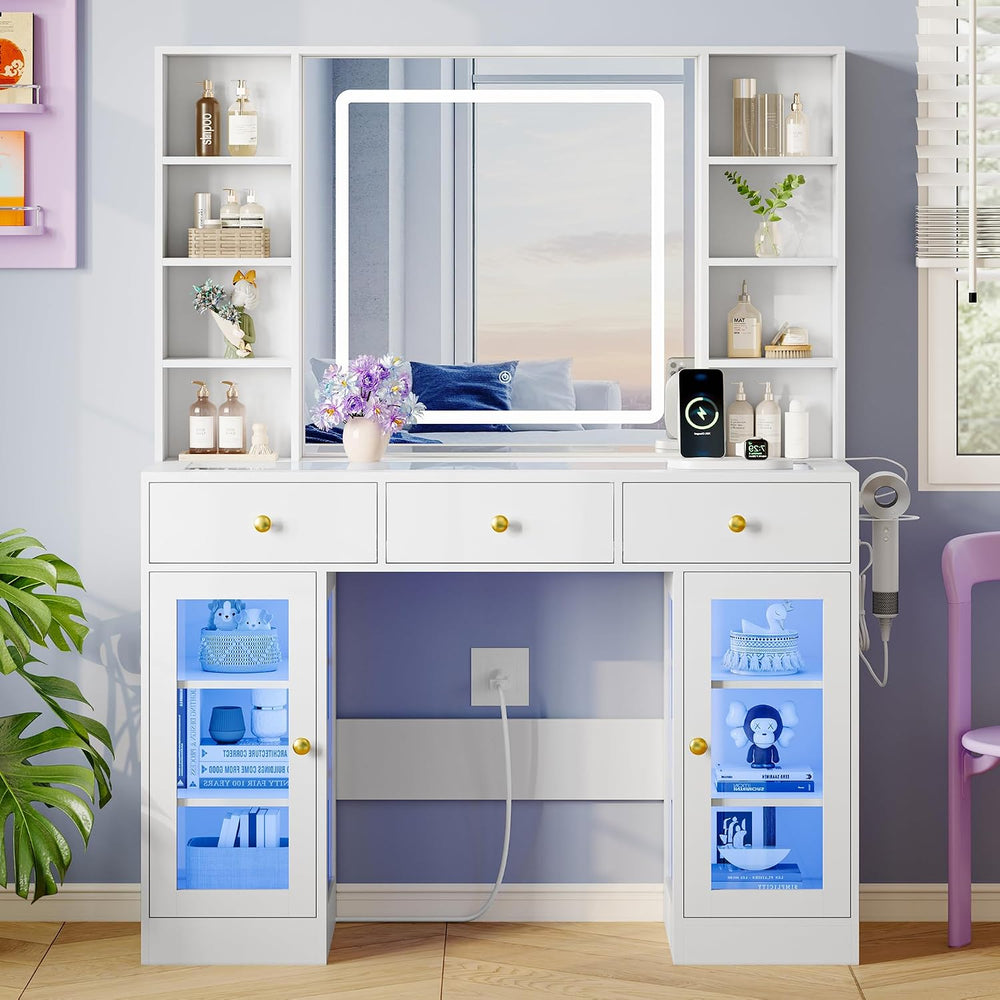 Xixini 43.4" Makeup Vanity Desk with LED Mirror, RGB Glass Cabinets, White