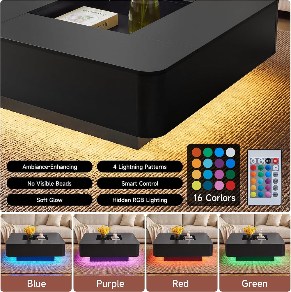 Square Coffee Table, 35.4" Modern Coffee Table with RGB LED Lights (Black)