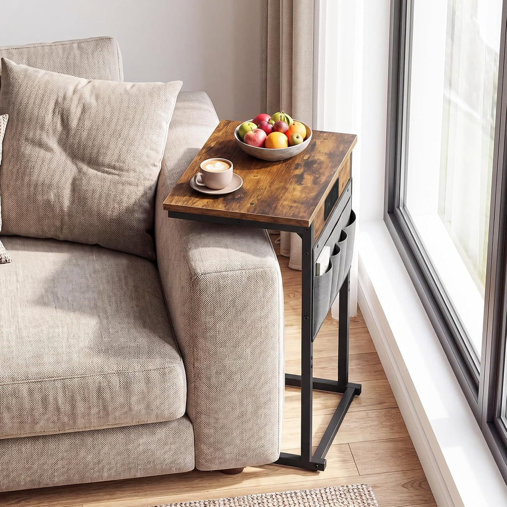 HOOBRO C Shaped End Table with Charging Station, Slide Under Couch Table