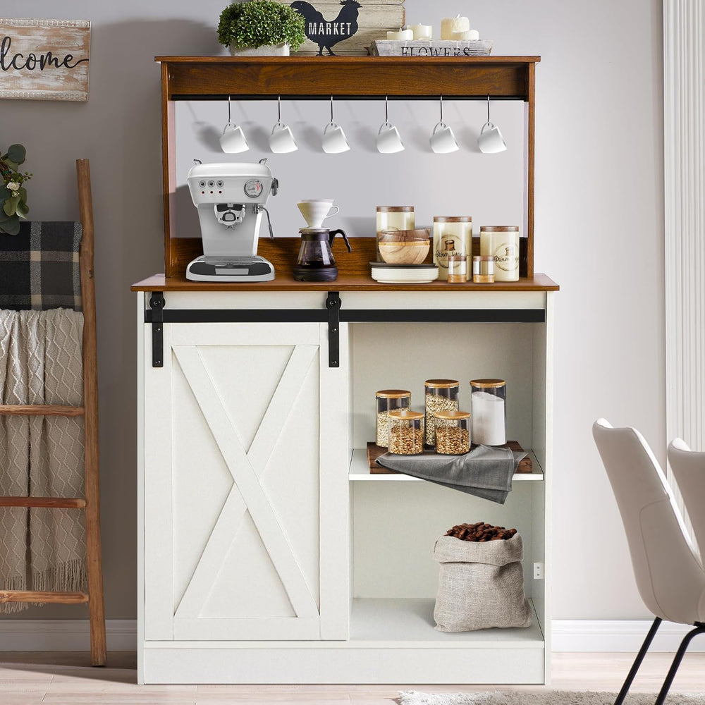 Farmhouse Coffee Bar Cabinet with Sliding Barn Door and Storage