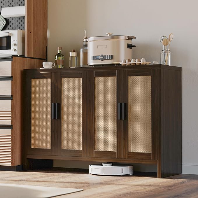 Rattan Buffet Cabinet with Storage, Sideboard Cabinet with Doors and Adjustab...