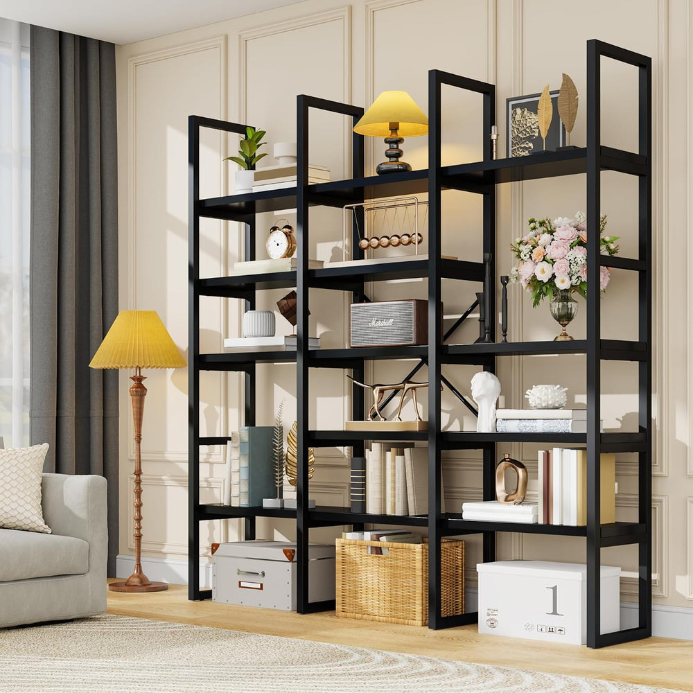 Large Bookshelf 5 Tiers, Triple Wide Geometric Bookcase, 71 Inches Tall Indus...