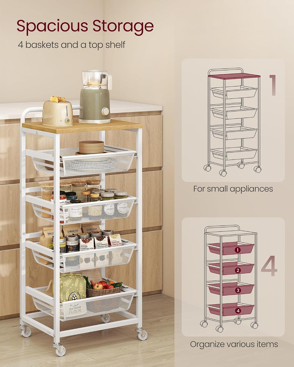 VASAGLE Storage Rolling Cart with Pull-Out Baskets, 5-Tier Utility Cart Orgni...