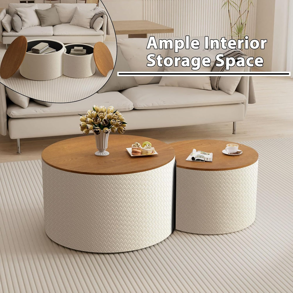 26.8" Nesting Round Coffee Table Set of 2 with Storage | Stackable Round...