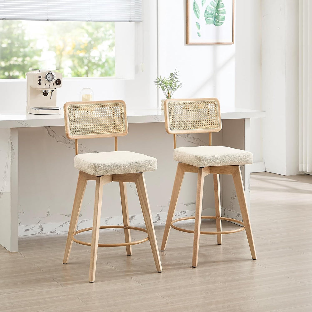 26" Swivel Boho Bar Stools Set of 2, Solid Wood, Rattan, Beige