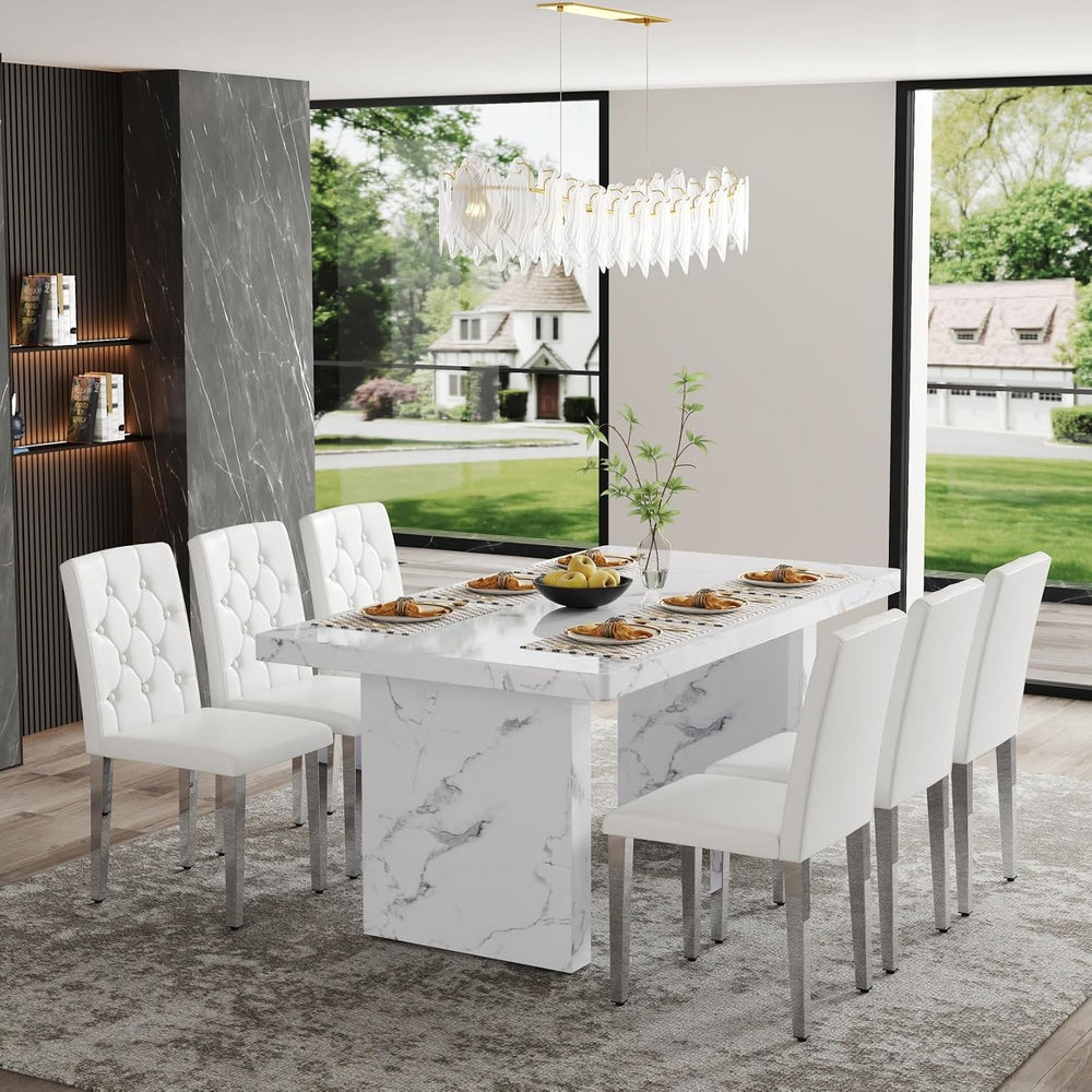 63" Dining Table Set for 6, White Faux Marble Dining Room Table and 6 PU...