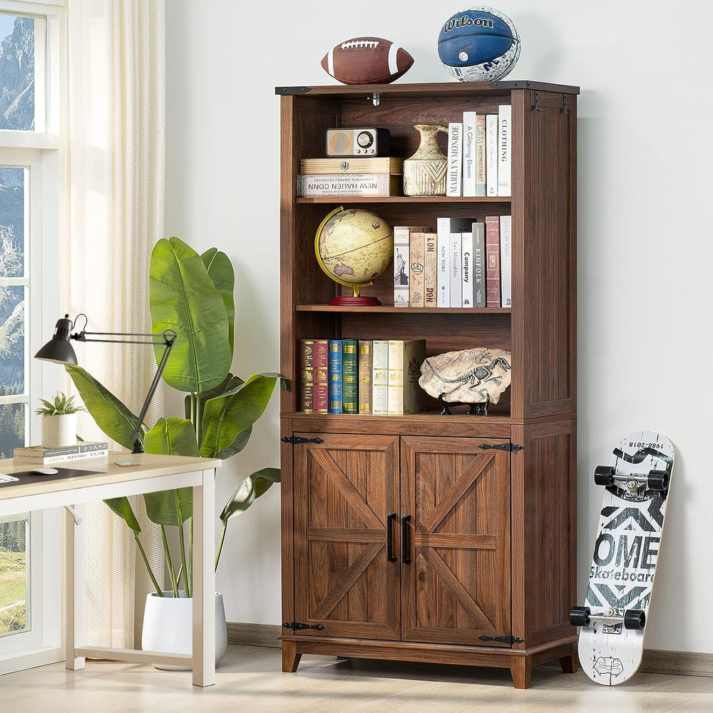 Joaxswe 70in Tall Bookshelf 5 Tier Bookcase with Barn Doors and Adjustable Sh...