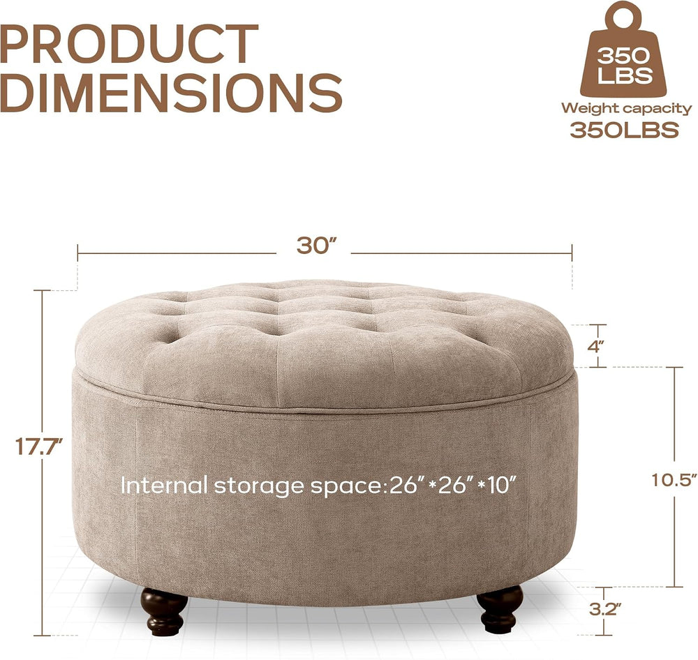 HUIMO 30-Inch Round Storage Ottoman, Button Tufted Coffee Table(Brown) | Otto...