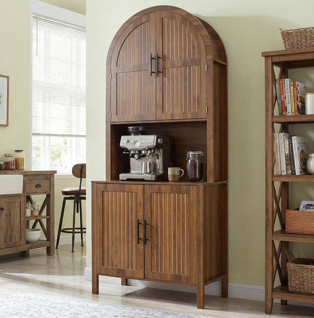 76" Tall Arched Kitchen Pantry,Large Storage Cupboard with Fluted Doors,...