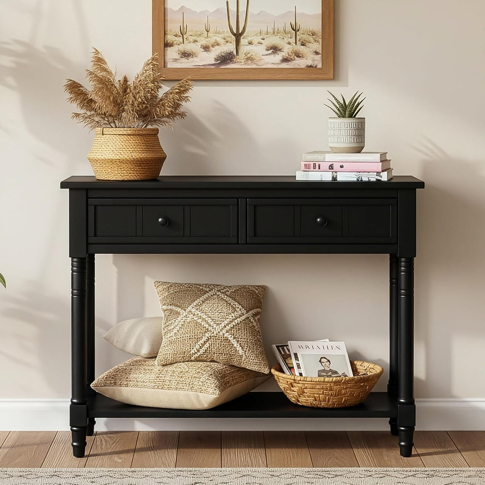 P PURLOVE Console Table Sideboard Wooden Sofa Table with 2 Drawers and Bottom...