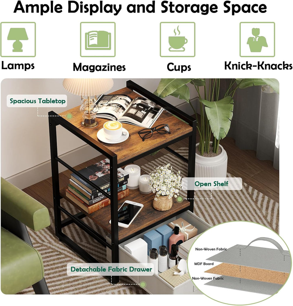 Giantex Industrial Nightstand with Storage Drawer, Rustic Bedside Table with ...