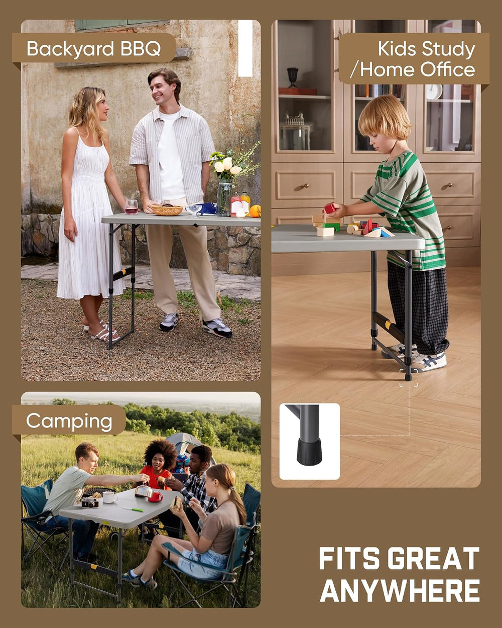 FanttikOutdoor Folding Table 4 Foot Quick Adjust Portable Plastic 4 Heights |...