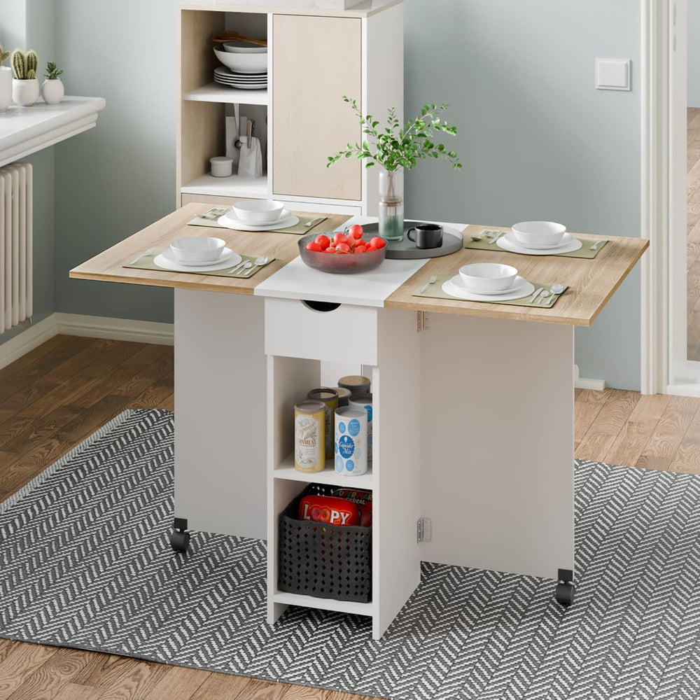 Mondeer Folding Dining Table with Drawer and Shelves, Oak & White | Drop ...