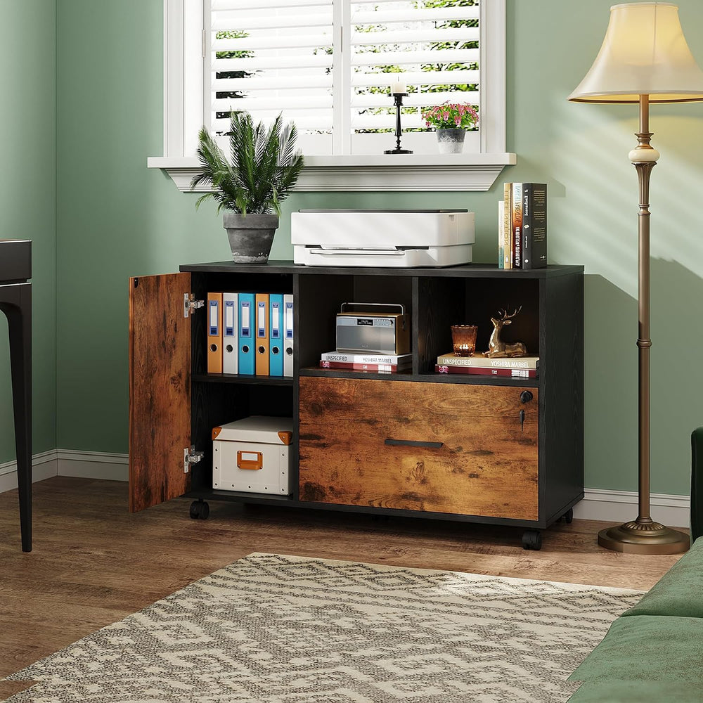 DEVAISE Printer Stand with Storage, Mobile Wood File Cabinet, Rustic Brown | ...