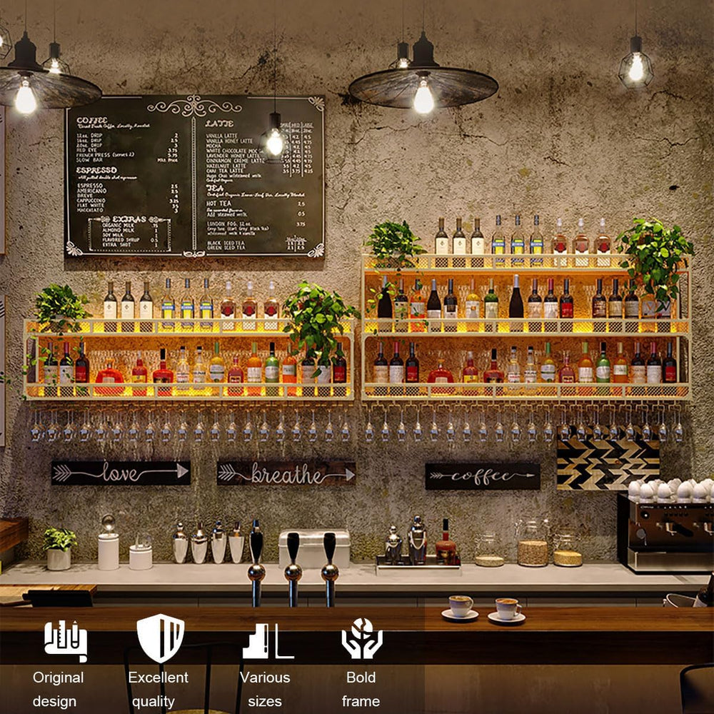 Wall Mounted Wine Bottle Rack with LED Light, Industrial Metal Liquor Shelf w...