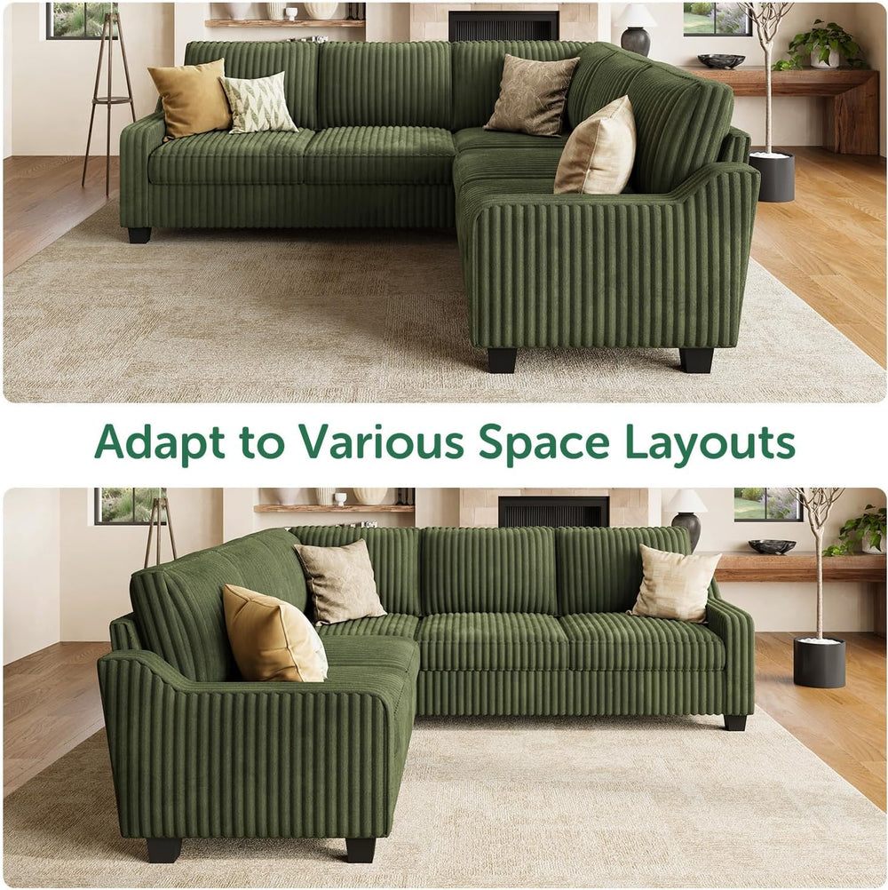 HONBAY Corduroy Convertible Sectional Sofa L Shaped Corner Couch,Green | Comp...