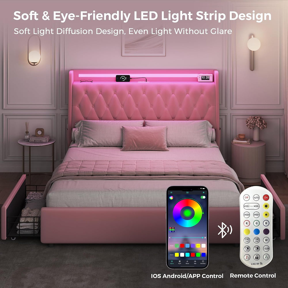 Queen LED Velvet Bed Frame with 2 Storage Drawers&Hidden Headboard, Uphol...