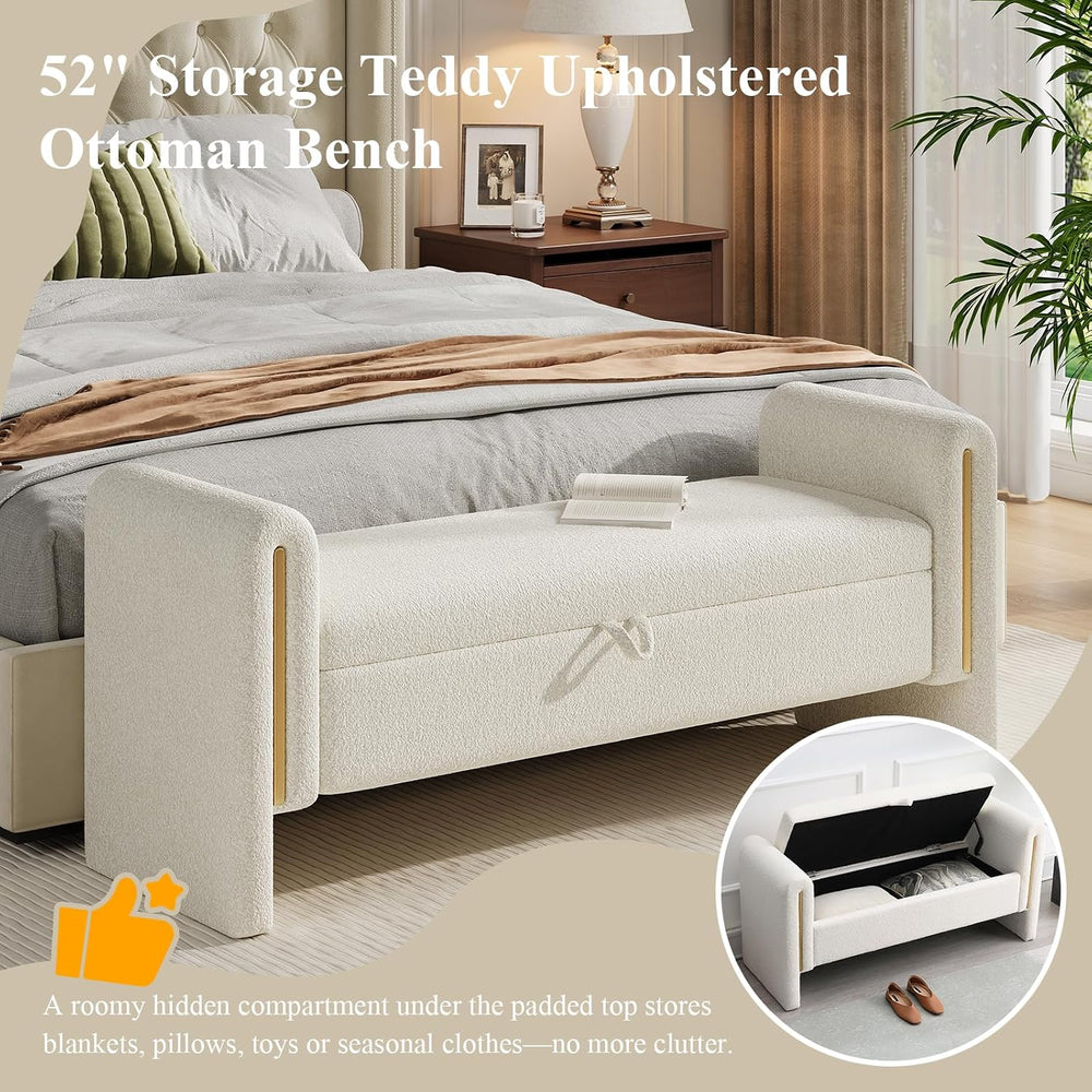 Storage Ottoman Bench, End of Bed Bench with Pull-Ring | 52" Teddy Uphol...