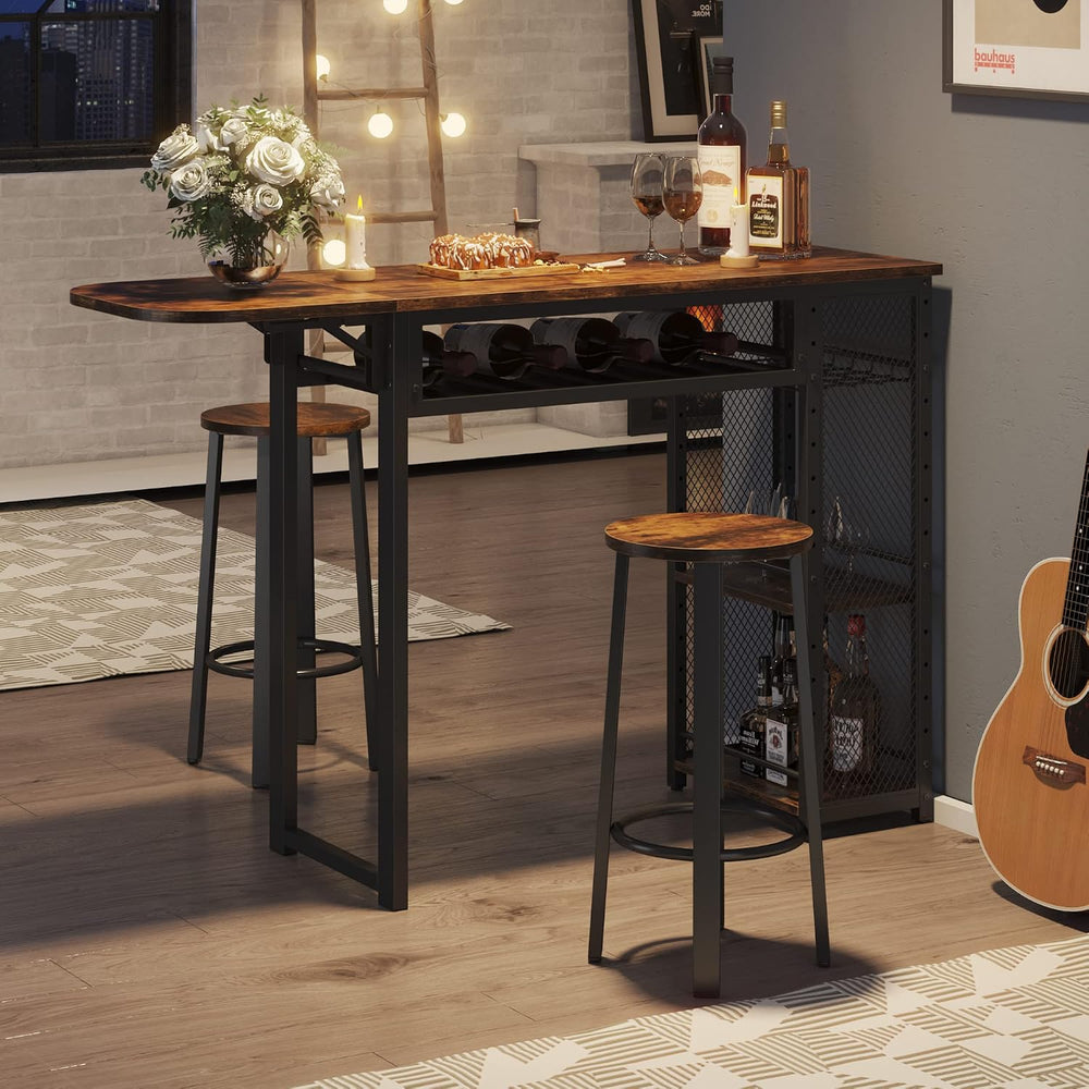 Bestier Expandable Bar Table and Chair Set, 2 Bar Stools, Rustic Brown