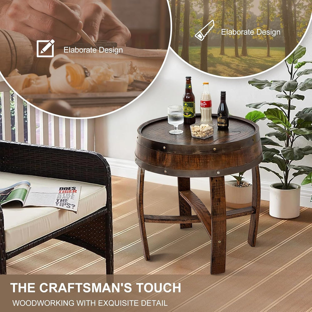 Whiskey Barrel End Table,Round Wood Wine Barrel Side Table Outdoor,Rustic Win...