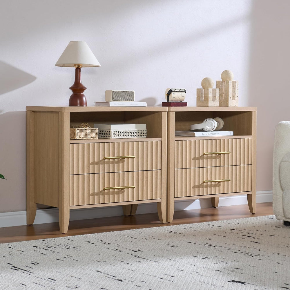 Fluted Nightstand with 2 Drawers, 27" Modern Nightstands Set of 2 with S...