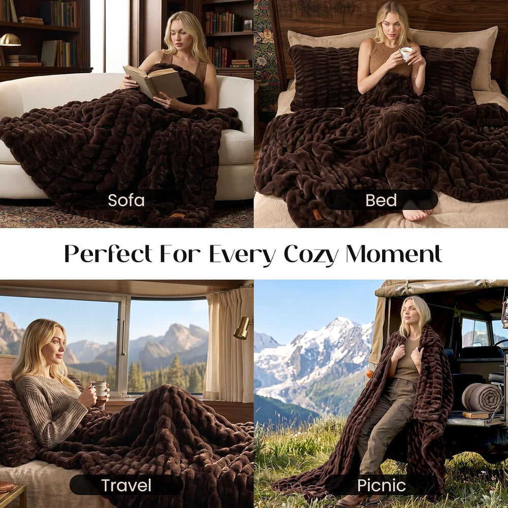 Dream Valley Double-Sided Faux Rabbit Fur Throw Blanket,Dark Brown,60"x8...