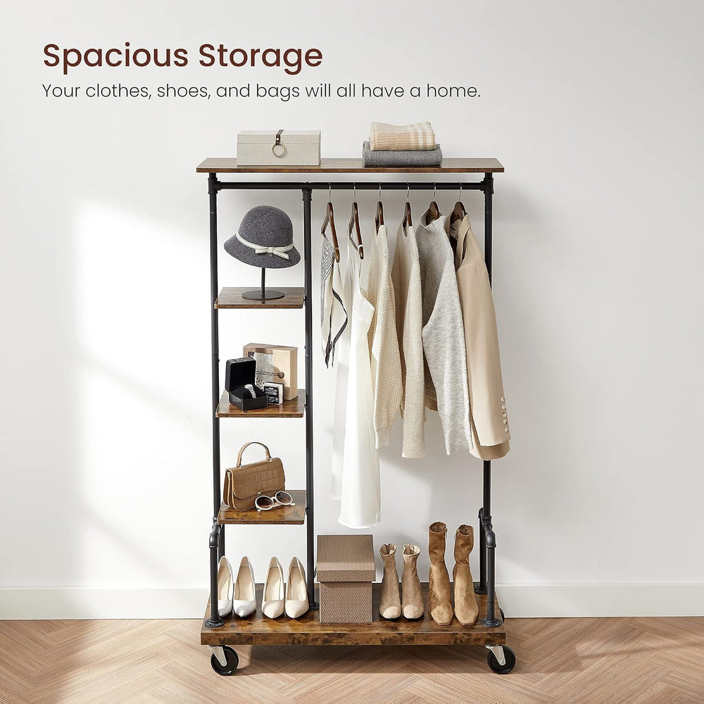 VASAGLE Clothes Rack, 5-Tier Garment Rack on Wheels, Industrial Pipe Style