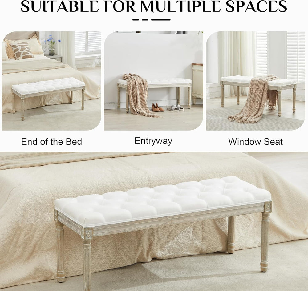 LOULENS 43.9" Linen Fabric End of Bed Bench, Vintage French Upholstered ...