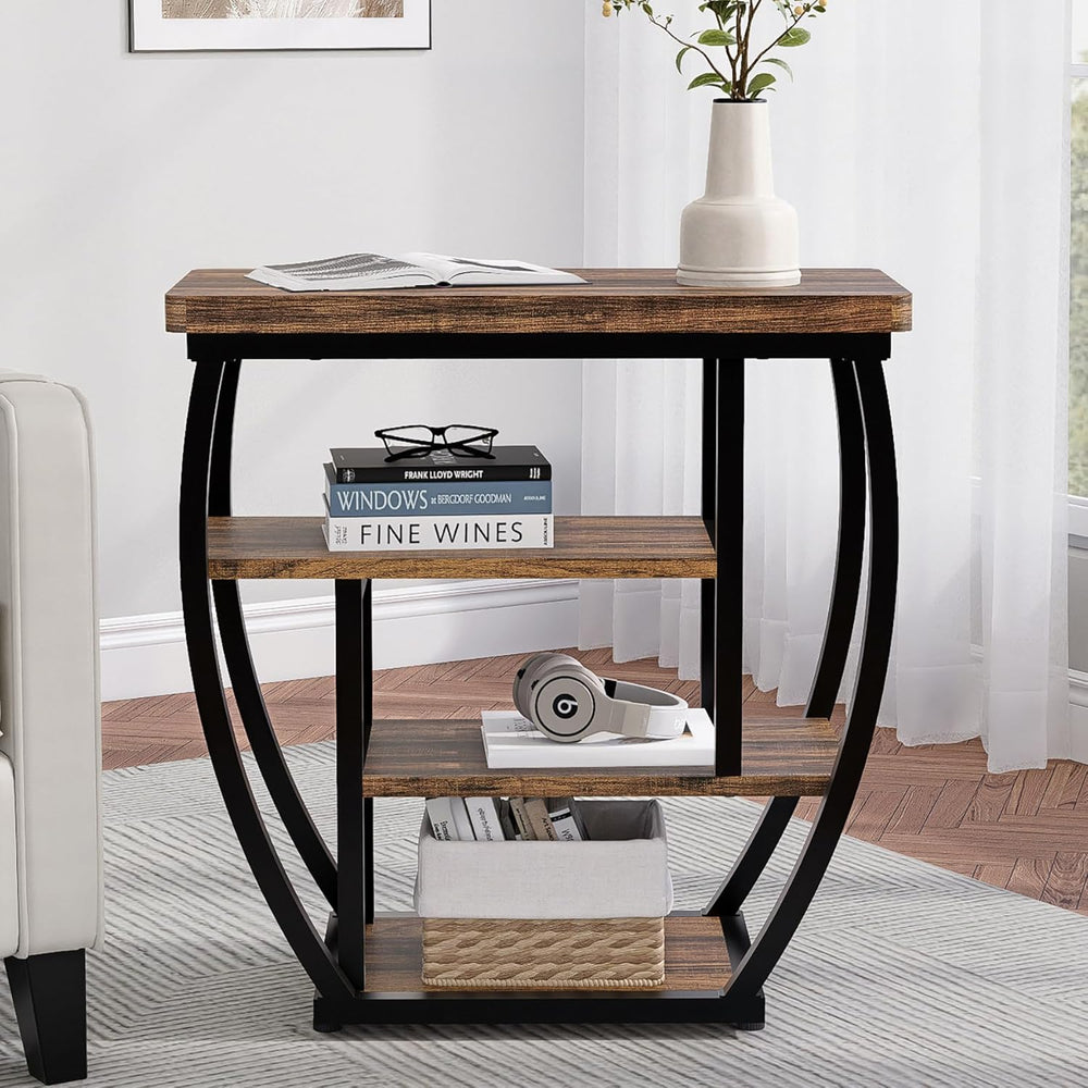 4-Tier End Table with Storage, Narrow Side Table for Living Room, Wood Sofa S...