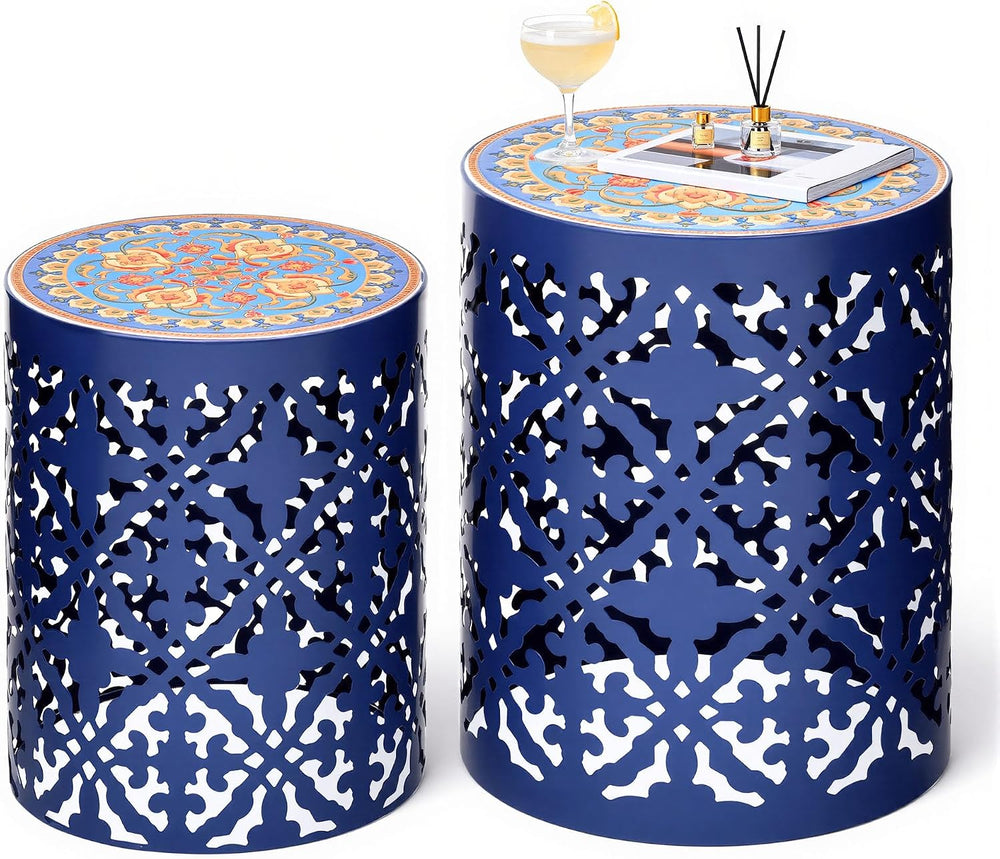 2-Pack Metal Outdoor Side Table, Modern Vintage Scroll Cut-Out Design