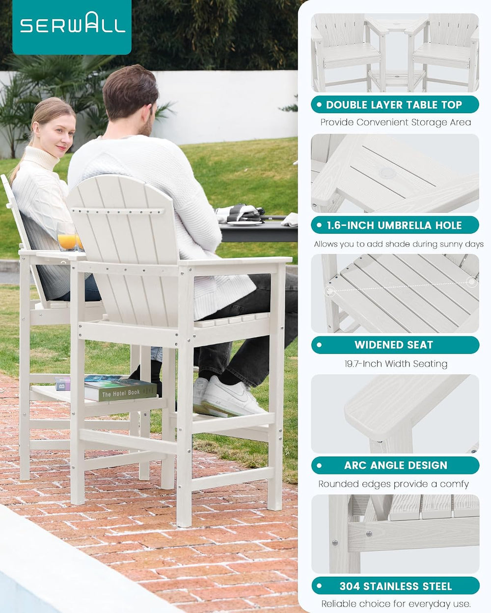 SERWALL Tall Adirondack Chairs Set of 2 with Double Layer Connecting Tray, HD...