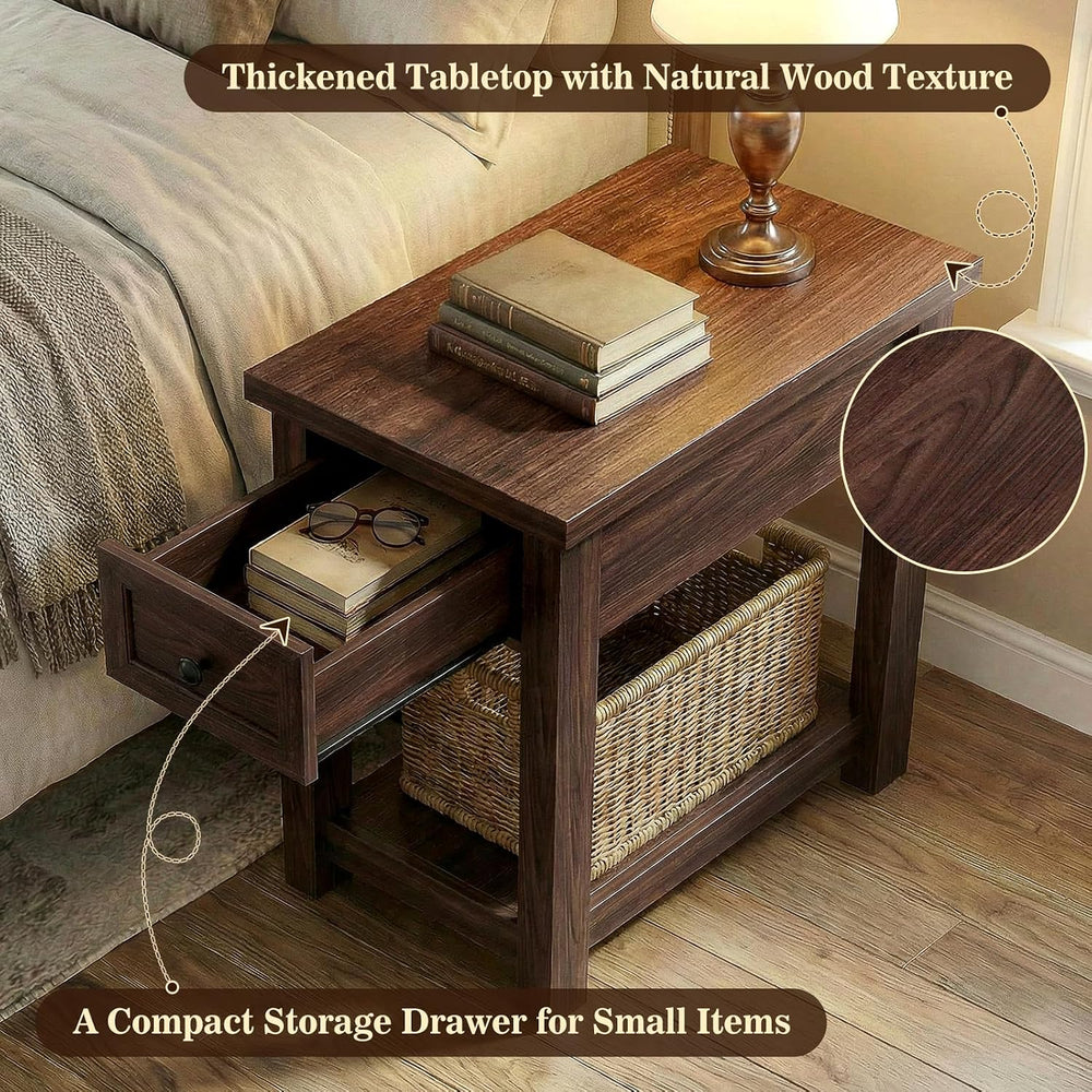 Farmhouse Narrow End Table Set of 2 with Charging Station, 13.8" Wide