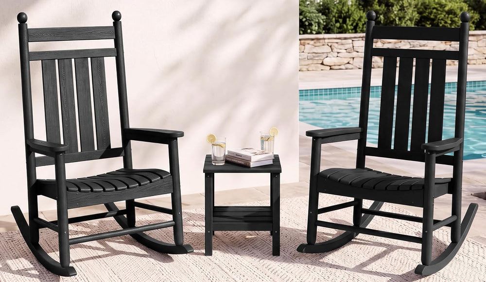 SERWALL Comfortable Outdoor Rocking Chairs Set of 3, Black