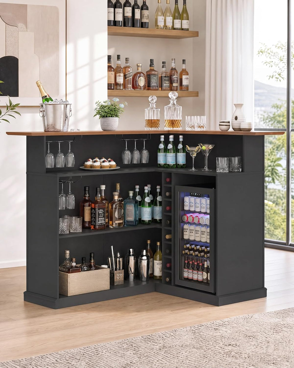 67" L Shaped Bar Cabinet with Fridge Space, Basement Bar