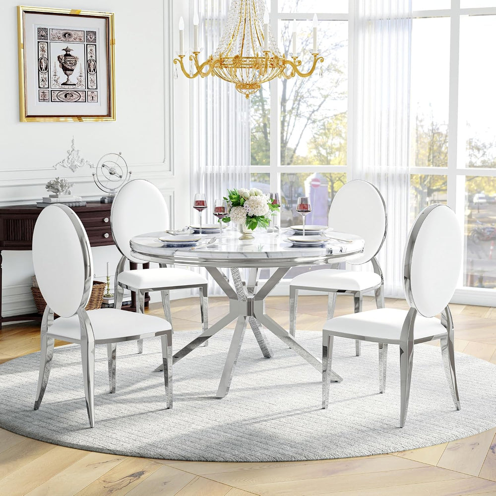 AF ARTISAN FURNITURE Round Marble Dining Table Set for 4, Black Silver Faux M...